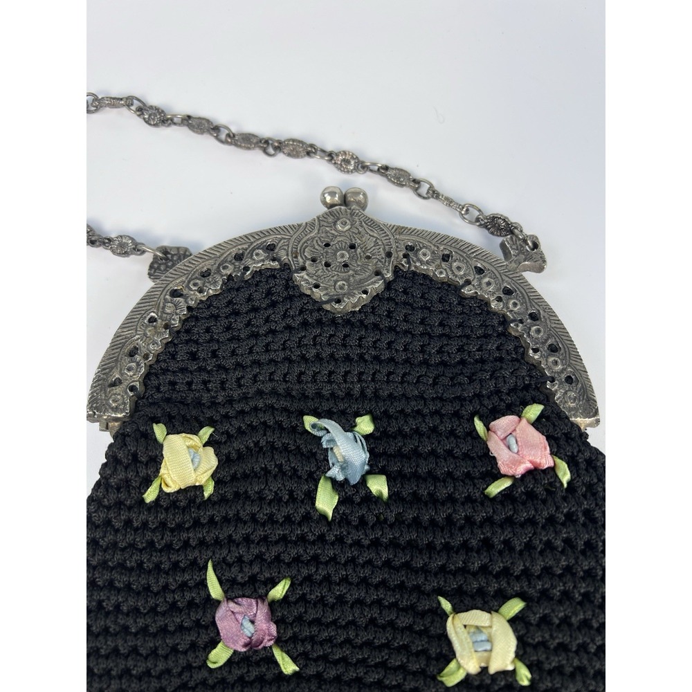 Vintage Antique Crochet Evening Bag Ribbon Embroidery Roses Filigree Frame Black - Picture 5 of 9